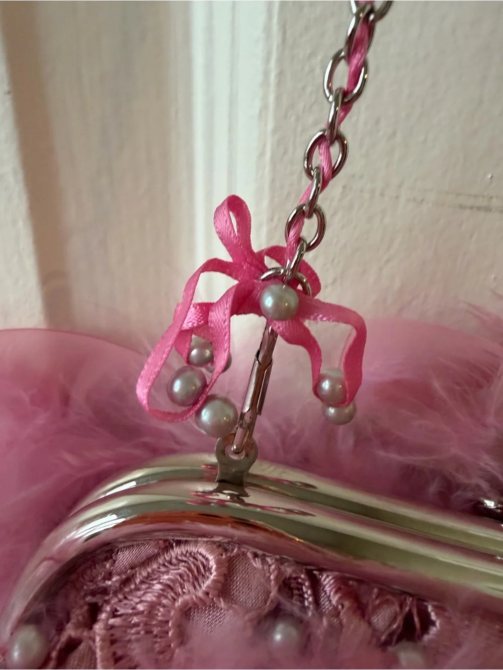 Pink Feather-Trim Evening Clutch with Chain Strap